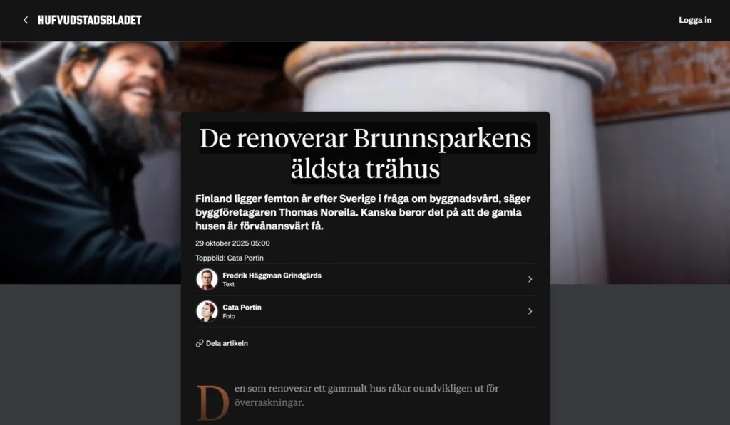 Skärmbild av Hufvudstadsbladets artikel De renoverar Brunnsparkens äldsta trähus